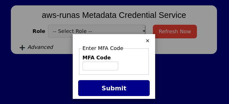 Metadata Service Browser Interface MFA Dialog